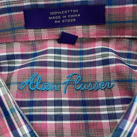 Alan Flusser Men's Casual Button Up Shirt Checked Long Sleeve Pink Pink Size XL - Picture 5 of 8